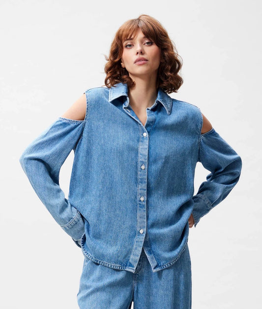 Open shoulder denim blouse