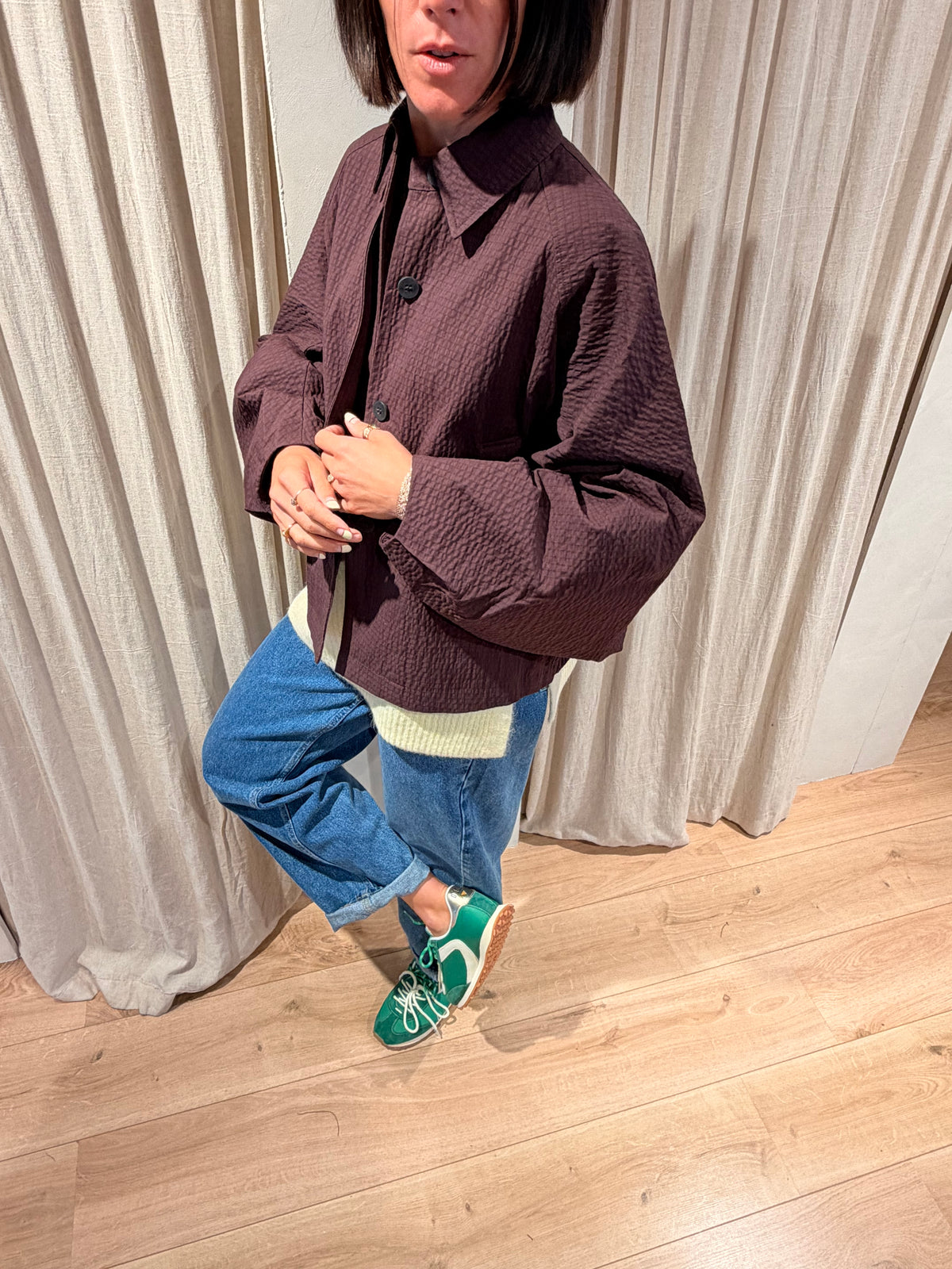 Check cape jacket plum