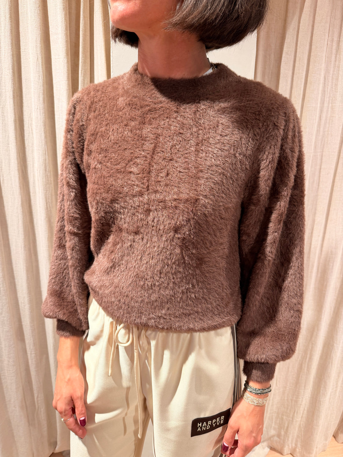 Fuzzy puff sleeve knit