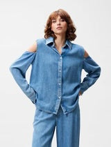 Open shoulder denim blouse
