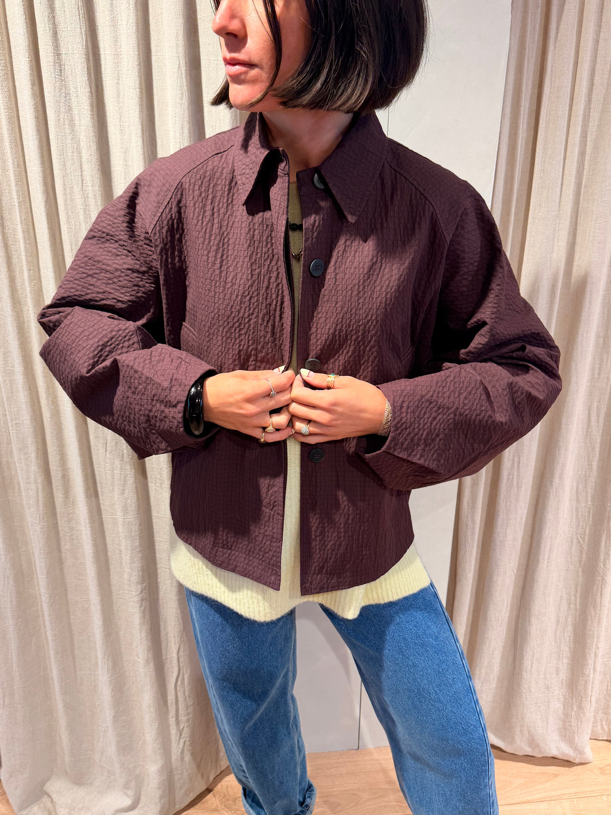 Check cape jacket plum