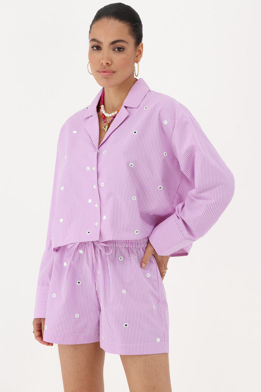 Chemise rayée lilas avec miroirs ronds